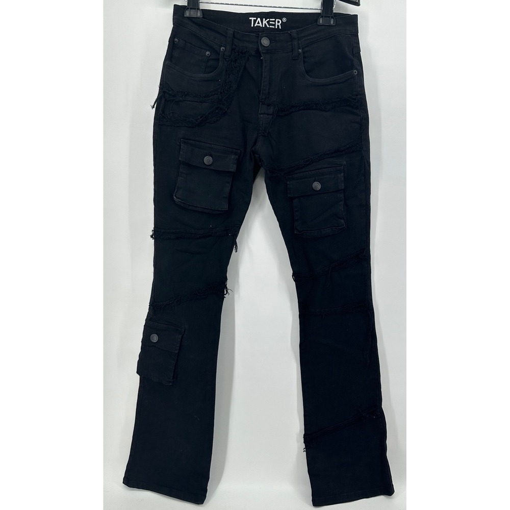 Taker Mens Black Distressed Cargo Denim Jeans Frayed Seam 32x36 Streetwear Slim